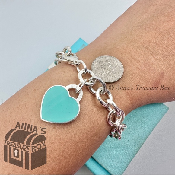 Return To Tiffany & Co. 925 Silver MED Blue Enamel RTT Heart 7" Bracelet (boxset - Picture 6 of 7
